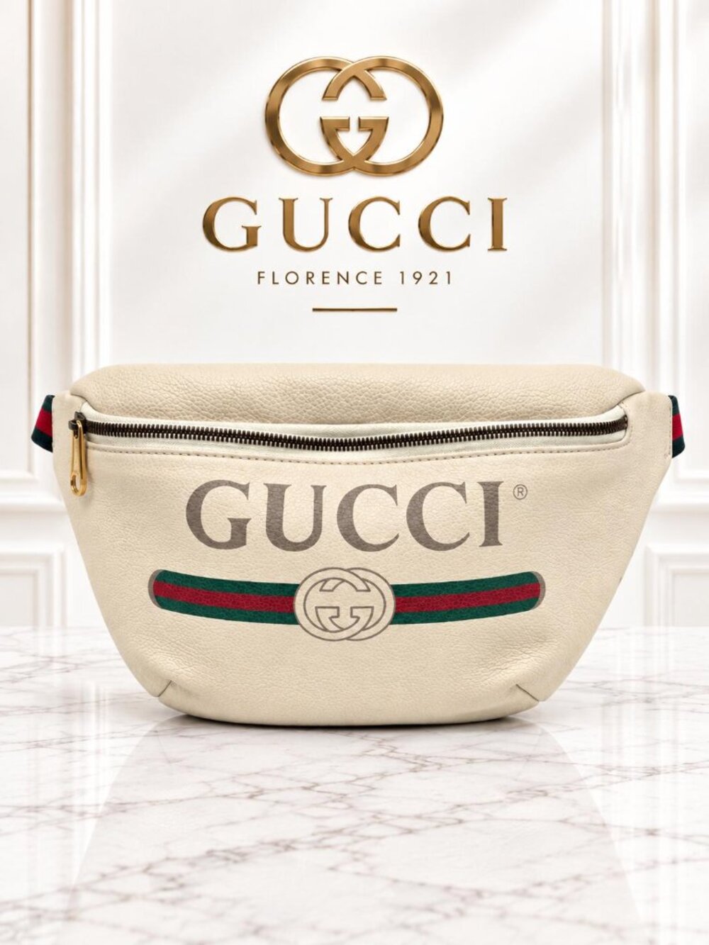 Authentic Gucci Logo Belt Bag Medium White Leather GG Waist Bag Crossbody